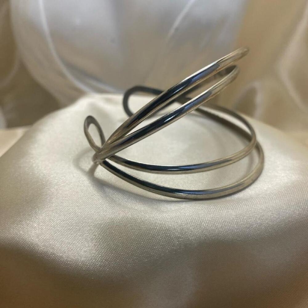 Vintage Silver Tone Modernist Sculptural Open Cuff Bracelet Multi Band Abstract